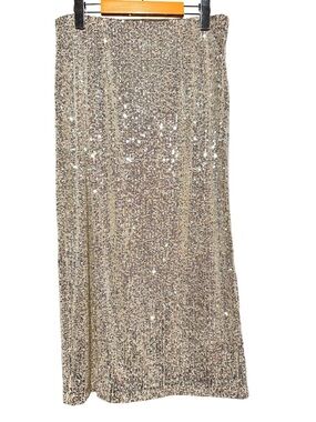 STEVE MADDEN Gold Sequin Party Holiday NYE Glam Disco Midi Skirt